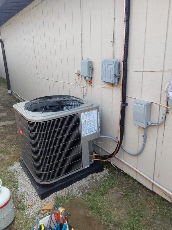 Completed full HVAC system replacement including installation of new Bryant 80% efficiency two-stage gas furnace with variable speed blower motor and new Bryant air conditioning system with matching evaporator coil. Installed new outdoor condenser unit on dedicated pad on right side of residence, new electrical disconnect box, and programmable thermostat. Relocated condenser to side of home and ran new thermostat wire from furnace to outdoor unit. Connected refrigerant line set with proper insulation and established all electrical connections to code. System tested and verified operational with proper airflow, temperature differential, and refrigerant charge. All warranty documentation provided: 10-year parts, 5-year labor coverage.