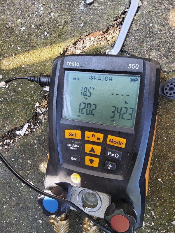Responded to cooling complaint on secondary AC unit. Upon arrival, connected digital manifold gauges to measure system pressures and temperatures. Found system operating on R410A refrigerant with readings of 120.2 psi on low side and 242.3 psi on high side, indicating low refrigerant charge. Used precision electronic scale to measure and add 16 ounces of refrigerant to bring system to proper operating levels. Verified proper cooling operation after refrigerant adjustment. System now cooling properly and operating within manufacturer specifications.
