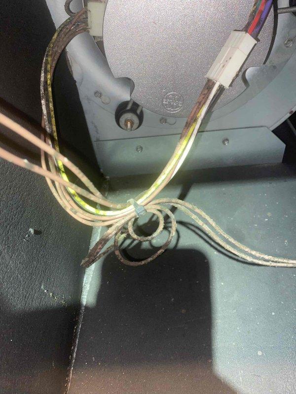 Performed comprehensive air conditioning tune-up on outdoor condenser unit. Upon inspection, discovered heavily corroded electrical connections in the unit's interior compartment, indicating prolonged moisture exposure and age-related deterioration. Addressed customer's concern regarding unusual noises emanating from the system during operation.

Completed full system maintenance including inspection of refrigerant lines, electrical components, and capacitor. Cleaned condenser coils with visible debris accumulation between vertical fins. Verified proper operation of fan motor and circular fan assembly with protective grille. Inspected copper refrigerant line connections and electrical wiring routing on exterior of unit.

Documented significant corrosion on internal metal connectors requiring future attention to prevent electrical failure. Replaced air filter per customer request. Tested system operation and confirmed unit running within normal parameters following tune-up completion.
