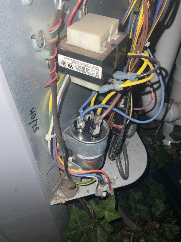Responded to emergency no-cooling call on eight-year-old Intertherm air conditioning unit. Upon inspection of electrical components, diagnosed and replaced failed dual run capacitor which was preventing compressor and condenser fan motor operation. Verified proper transformer operation, checked all wire connections per unit wiring diagram, and tested system startup. Unit restored to normal cooling operation with compressor and outdoor fan running within manufacturer specifications.
