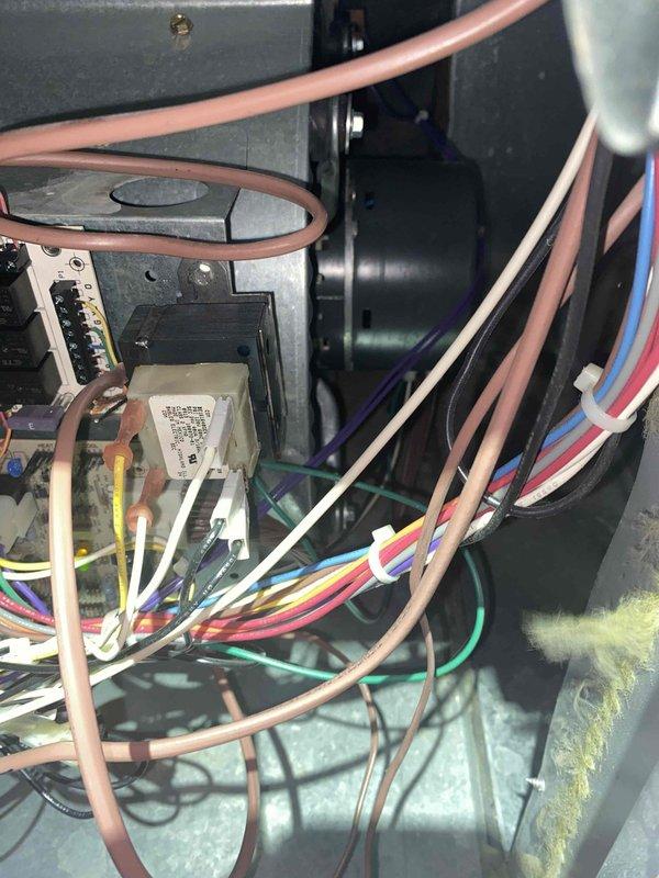 Completed routine AC tune-up maintenance on 18-year-old air conditioning system. Performed comprehensive inspection of unit exterior, noting significant debris accumulation on top of equipment housing including dried leaves and organic material which was cleared from control panel area and top surfaces. Inspected internal compartment including electrical connections, wiring harness, refrigerant lines, and motor components. All electrical terminals, transformers, and color-coded wiring verified for proper connections and secure mounting. Copper refrigerant tubing inspected for condition and routing. System found to be operational with no immediate safety concerns identified at time of service.