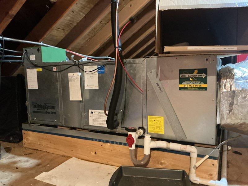 Completed estimate for HVAC system replacement in attic space accessed via pull-down ladder. Inspected 13-year-old equipment including air handler, humidification system, and associated ductwork, condensate drainage, and electrical connections. Provided quote for necessary repairs to restore proper system operation.