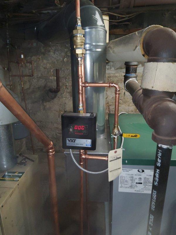 Installed new Peerless steam boiler model 64-07 rated at 345,000 BTUs in commercial facility basement mechanical room. Installation included new backflow preventer, automatic water feeder, low water cutoff device, thermostat, and near boiler piping modifications to ensure proper system operation and code compliance. Replaced leaking 1/2" water supply valve and failed section of steam return piping. Reused existing vaporstat control. All copper and black iron piping connections completed with proper fittings and supports. System tested, pressurized, and verified operational upon completion.