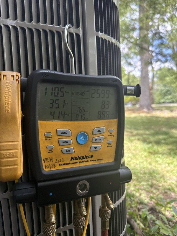 Completed full HVAC system replacement including furnace, evaporator coil, air conditioning condenser unit, and Ecobee thermostat. Performed comprehensive system commissioning with digital manometer testing showing 15.1 static pressure reading and verified refrigerant charge using manifold gauges with superheat and subcooling measurements confirming proper system operation.