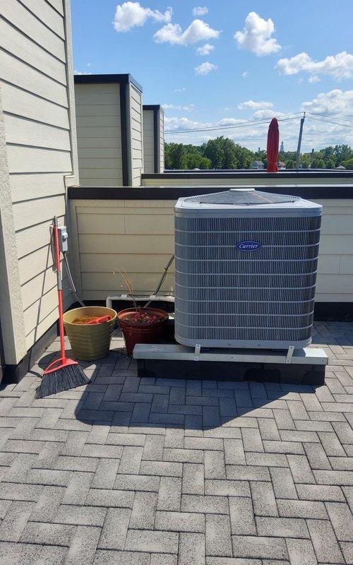 Completed MVP maintenance on 5-year-old Carrier split system. Performed comprehensive inspection of indoor air handler unit and outdoor condenser, verified all electrical connections, checked refrigerant levels, cleaned condenser coils, inspected ductwork and PVC condensate drain lines for proper operation, and confirmed system is operating within manufacturer specifications.