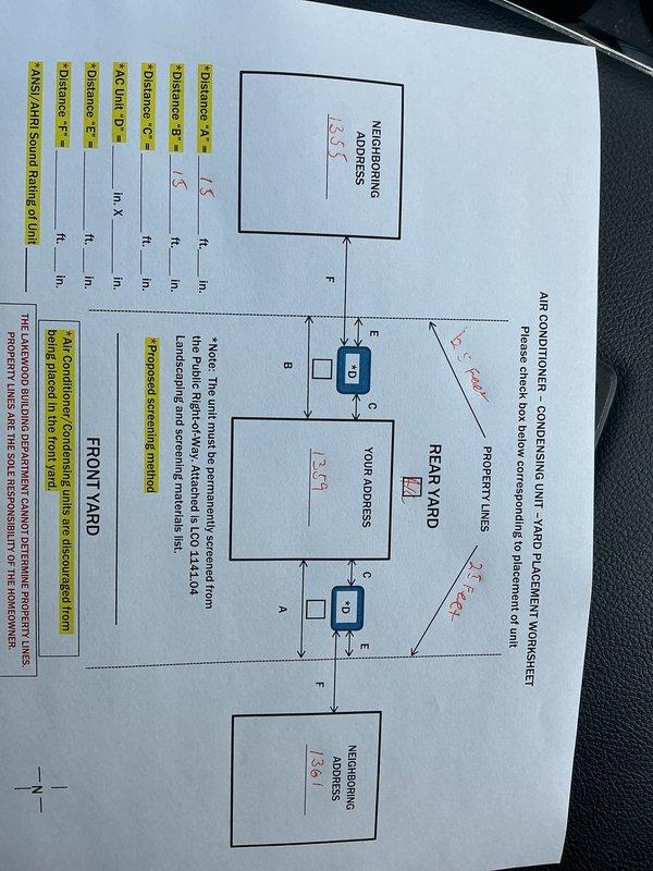 Completed follow-up estimate for furnace replacement with possible air conditioning system addition. Evaluated existing outdoor condensing unit positioned on concrete pad against brick exterior wall, noting current refrigerant line routing and electrical service connections including meter socket, conduit system, and disconnect box. Documented existing installation configuration and assessed placement options for new equipment. Created site diagram worksheet mapping property lines, neighboring addresses, front and rear yard areas, and multiple potential condensing unit placement locations to optimize installation while maintaining proper clearances and code compliance. Photographed current HVAC setup showing unit positioning, electrical infrastructure, and refrigerant line paths for accurate equipment sizing and installation planning. Customer expressed interest in straightforward replacement approach without premium features, pending competitive pricing for combined furnace and air co