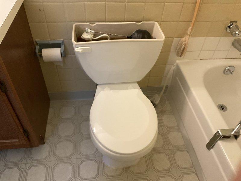 Performed diagnostic evaluation of multiple plumbing fixtures including leaking faucets, continuously running toilet, and malfunctioning sink sprayer. Inspected toilet tank components, identifying worn flapper valve and fill valve assembly as source of continuous water flow, and documented conditions for repair recommendations.