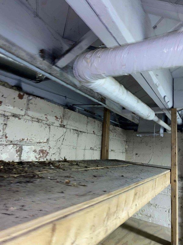 Responded to water leak service call and inspected boiler system, water supply lines, and exterior faucet piping in basement utility area. Identified multiple leak points including compromised fittings on boiler water line, leaking pipe connection to exterior faucet, and active leak on boiler unit itself. Documented extensive water damage evidence on concrete block foundation walls with vertical staining patterns indicating long-term moisture infiltration. Photographed deteriorated conditions including aging plumbing infrastructure, exposed piping systems, and structural components showing water exposure. Provided assessment of plumbing issues and prepared quote for hot water heater replacement as requested.