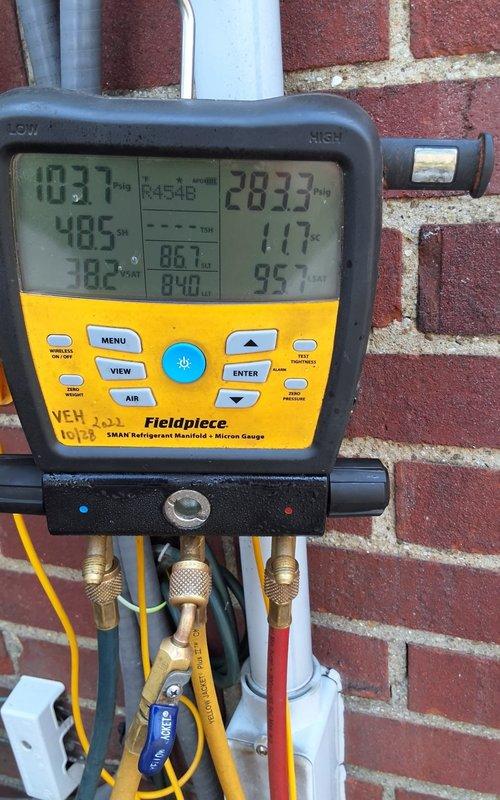 Completed full HVAC system installation including furnace, evaporator coil, two-stage air conditioner, 700 CFM airflow components, air scrubber, and Ecobee thermostat. Performed system commissioning with differential pressure measurements and refrigerant charge verification using digital manifold gauges to ensure optimal performance and efficiency.
