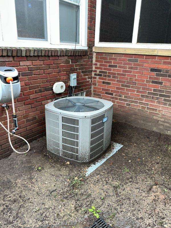 Completed cooling maintenance and tune-up on a 9-year-old residential air conditioning system. Performed standard inspection of outdoor condenser unit, which showed normal wear with visible rust staining on casing and minor surface corrosion from environmental exposure. All critical components were evaluated, system operation verified, and unit confirmed to be functioning within normal parameters.