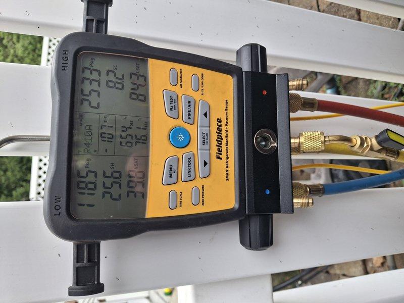 Completed scheduled cooling tune-up on 3-year-old system. Connected manifold gauges to measure refrigerant pressures and temperatures, verifying system operating parameters were within manufacturer specifications. All readings indicated proper refrigerant charge and normal system operation with no deficiencies noted.