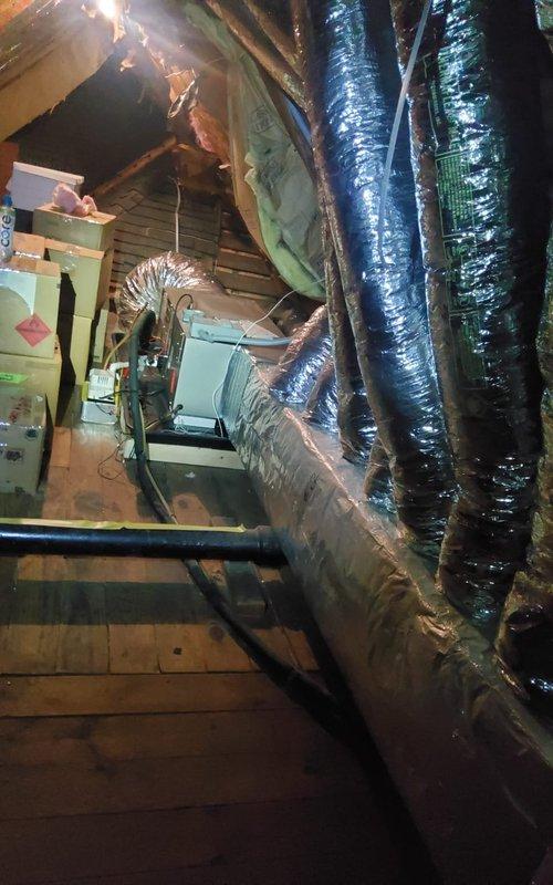 Completed preventive maintenance tune-ups on three split system air conditioning units. Performed comprehensive inspections of outdoor condensing units and attic-mounted air handler, including filter checks, electrical connections, refrigerant levels, and ductwork examination. All systems operational with proper airflow through insulated flex duct distribution network.