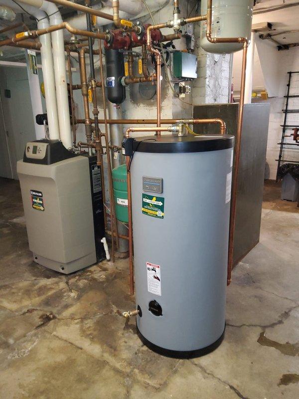 Replaced residential water heater storage tank with new unit, including all necessary plumbing connections and proper integration with existing system components. Tested and cycled equipment to verify proper operation and confirm all connections were secure and functioning correctly.