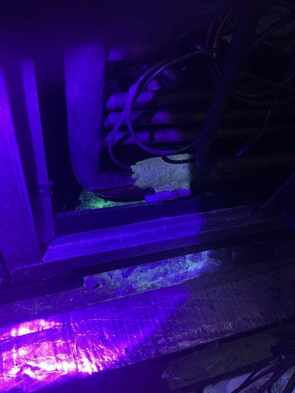 # Service Call - No Cooling and Intermittent Cycling

Responded to callback for 11-year-old AC system experiencing no cooling, intermittent cycling, and electrical issues causing light flickering. Performed comprehensive system inspection including UV leak detection and visual examination of air handler, evaporator coil assembly, and associated components. Inspected ductwork, refrigerant lines, condensate pump, and electrical connections. Documented system condition with diagnostic photography to identify root cause of cycling issues and potential electrical load problems affecting household circuits.