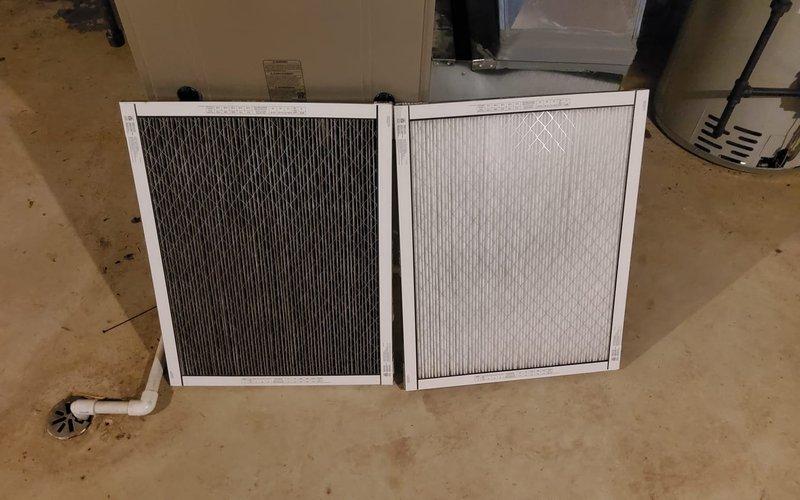 Completed scheduled cooling system tune-up on 6-year-old HVAC unit. Performed comprehensive maintenance inspection, replaced heavily soiled air filters with new units as evidenced by significant dust and debris accumulation on original filters, and verified system operational parameters meet manufacturer specifications.