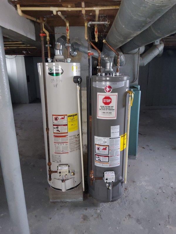 Conducted on-site assessment for tanked water heater replacement in residential basement utility area. Inspected existing dual water heater installation, including an A.O. Smith unit and secondary tank, evaluating current plumbing connections, copper piping infrastructure, valve configurations, and overall system condition. Documented equipment specifications, manufacturer information, and existing installation parameters. Photographed water heater placement, pipe routing, HVAC ductwork clearances, and available workspace for future replacement work. Provided detailed estimate for new tanked water heater installation including removal of existing unit, proper disposal, and installation of replacement equipment with code-compliant connections.