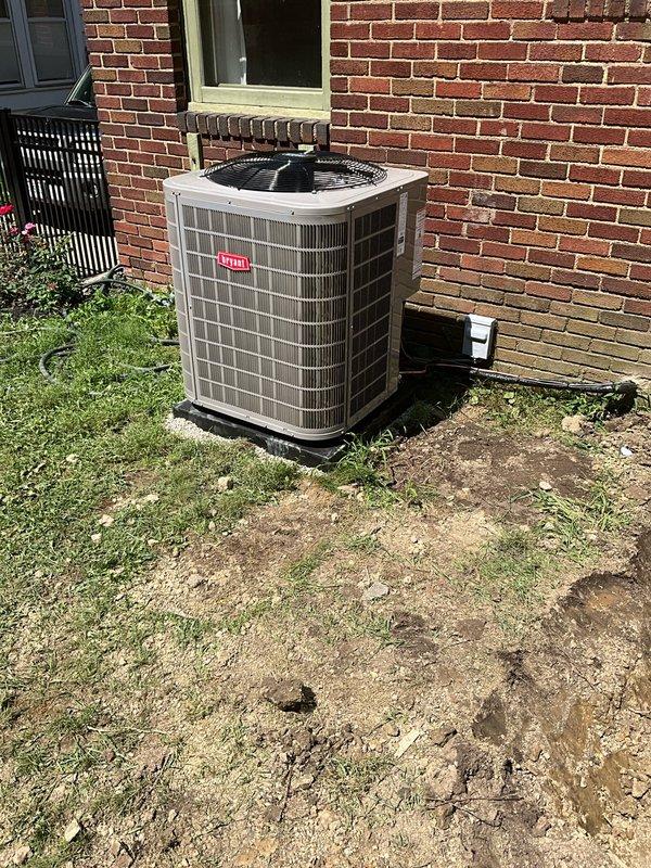 Completed full HVAC system replacement at residential property. Removed existing furnace, evaporator coil, and air conditioning condenser unit. Installed new Bryant furnace in basement mechanical room with proper clearances and venting. Mounted new evaporator coil on top of furnace unit and connected refrigerant lines. Installed new Bryant outdoor condenser unit on rubber isolation pad against exterior brick foundation. Ran and secured copper refrigerant linesets between indoor and outdoor equipment. Tied back existing return air ductwork to new furnace, ensuring proper airflow and system integration. Installed metallic supply ductwork from furnace plenum. Verified all electrical connections, tested system operation, and confirmed heating and cooling functions performing to manufacturer specifications.