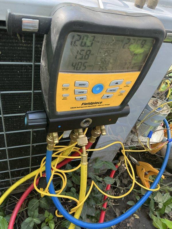 Completed preventive maintenance tune-up on two residential air conditioning systems, both over 12 years old. Connected diagnostic manifold gauges to measure system pressures and performance parameters, confirmed proper refrigerant levels and operating temperatures across both units. Inspected outdoor condenser coils, refrigerant lines, and electrical connections to ensure optimal system operation for the cooling season.