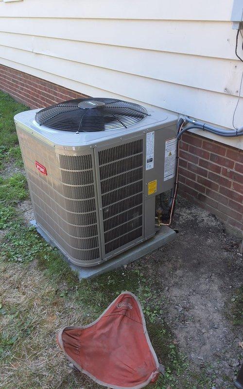 Completed full HVAC system replacement including furnace, evaporator coil, air conditioning condenser unit, and thermostat. Removed existing equipment and installed new Bryant outdoor condensing unit on concrete pad against exterior foundation. Connected refrigerant lines with proper copper piping and brass fittings, installed shutoff valve for service access, and routed electrical conduit along exterior siding to power supply. Installed new evaporator coil matched to system specifications and connected all refrigerant lines with insulated suction line. Replaced furnace unit and integrated new programmable thermostat for complete system control. Verified all electrical connections, tested refrigerant pressures, and confirmed proper airflow throughout system. System operational and performing to manufacturer specifications.