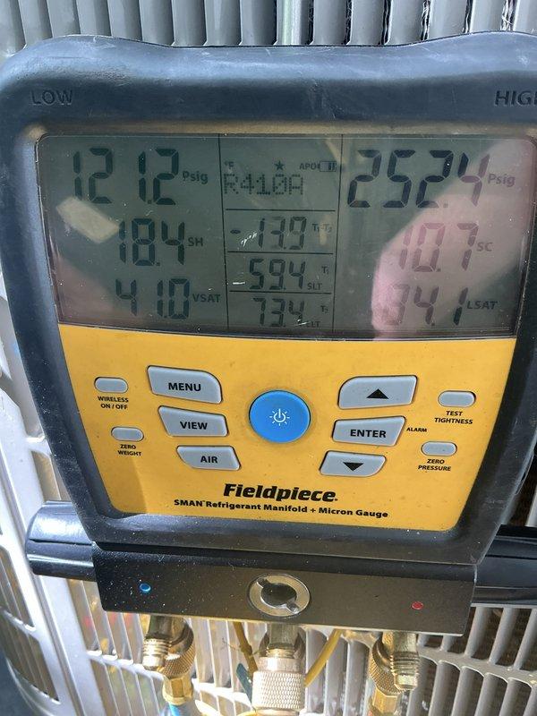 Performed routine maintenance tune-up on 3-year-old outdoor HVAC unit. Conducted comprehensive system diagnostics using refrigerant manifold gauge, verifying pressures, superheat, and subcooling readings to ensure optimal refrigerant charge and system performance. All components inspected and found operating within manufacturer specifications with no deficiencies noted.
