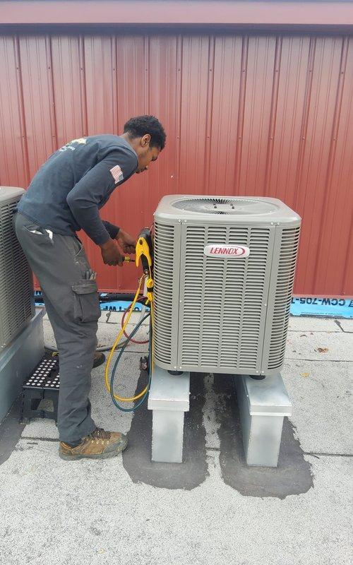 Completed preventive maintenance on two 6-year-old Lennox rooftop air conditioning units. Performed system diagnostics using manifold gauges to check refrigerant pressures and temperatures, inspected electrical components and connections, and verified proper operation of both systems. All equipment found operating within normal parameters with no deficiencies noted.