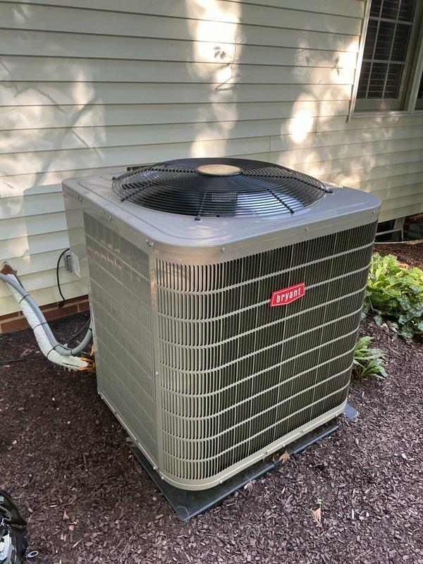 Completed routine maintenance on 6-year-old Bryant air conditioning system. Performed comprehensive inspection of outdoor condensing unit, verified proper operation of compressor and condenser fan motor, checked refrigerant line connections and insulation integrity, and confirmed system is functioning within manufacturer specifications.