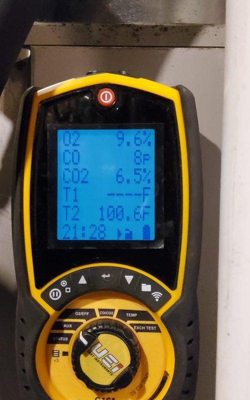 Completed comprehensive heating maintenance on a 10-year-old gas furnace system. Performed combustion analysis with readings showing proper operation at 100.6°F, verified oxygen, carbon monoxide, and carbon dioxide levels within manufacturer specifications. Inspected blower wheel assembly and housing, confirming clean operation with no excessive buildup or mechanical issues.