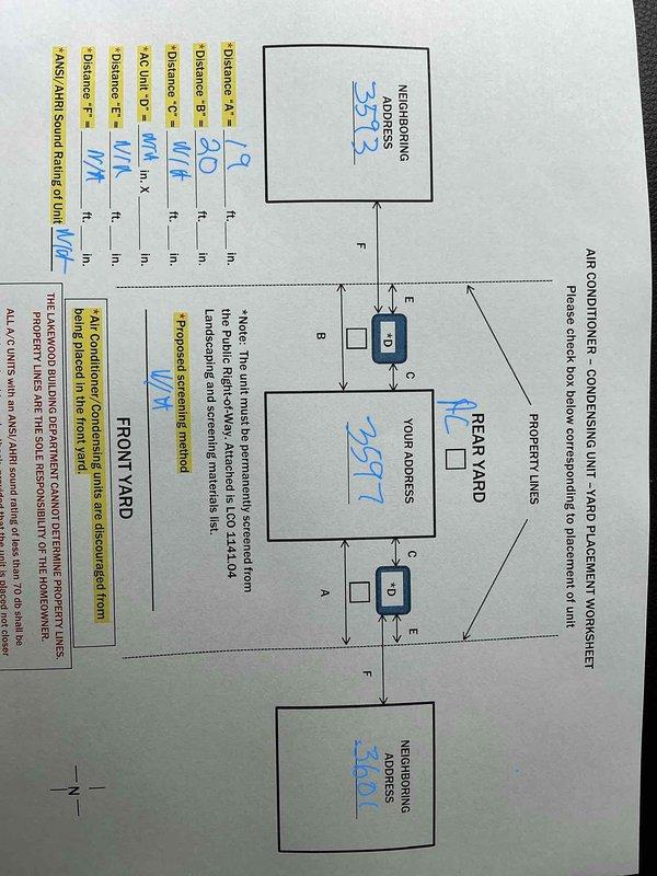 Completed comprehensive estimate for full HVAC system replacement including furnace, air conditioning unit, and dehumidifier installation. Evaluated existing basement-mounted system configuration with vertical furnace, air handler, PVC venting, condensate pump, and associated electrical and gas connections. Assessed property layout and prepared placement worksheet for exterior condensing unit location, documenting setback requirements, property lines, and optimal positioning in relation to neighboring parcels and yard access points.