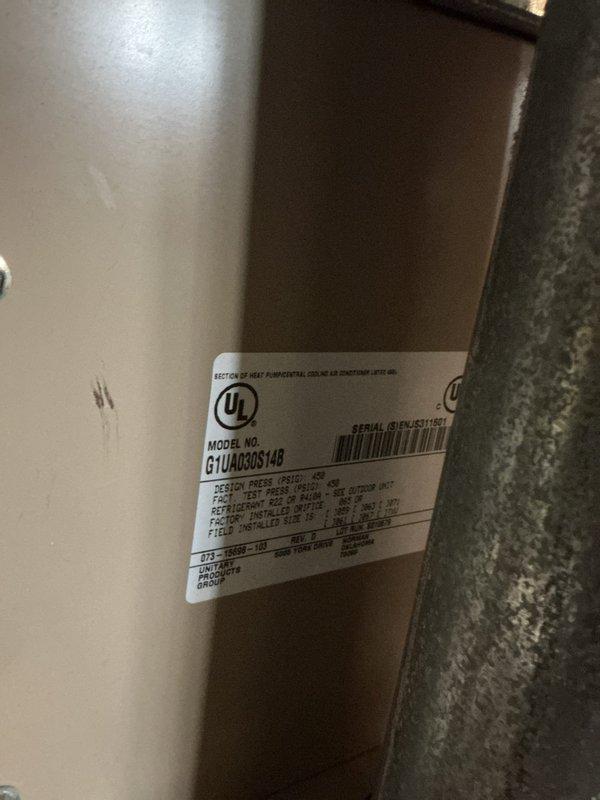 Responded to no-cooling complaint on 15-year-old residential air conditioning system affecting entire home. Performed diagnostic evaluation of Luxaire HVAC system, model G1UAD05014B, including inspection of outdoor condensing unit, indoor air handler, ductwork, and associated components. Documented system specifications and current operating condition with photographic evidence for customer records and future reference.
