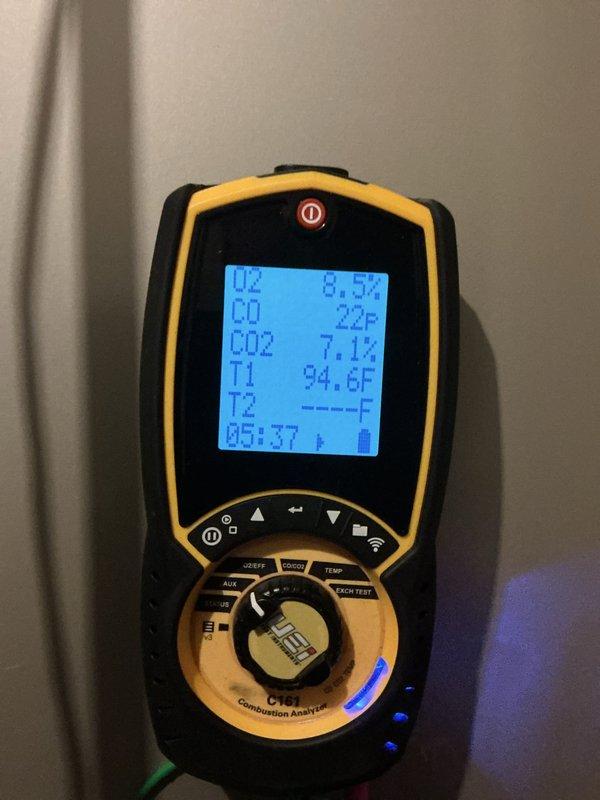 Performed comprehensive annual heating system tune-up and safety inspection on 3-year-old furnace unit located in basement under active service agreement. Conducted combustion analysis using digital analyzer, recording oxygen levels at 8.9%, carbon dioxide at 7.1%, and carbon monoxide at safe operational levels with supply temperature reading 94.6°F. Inspected and verified blower wheel assembly for proper operation, noting component is in serviceable condition with normal operational wear. All system parameters tested within manufacturer specifications, unit operating safely and efficiently with no deficiencies noted requiring immediate attention.