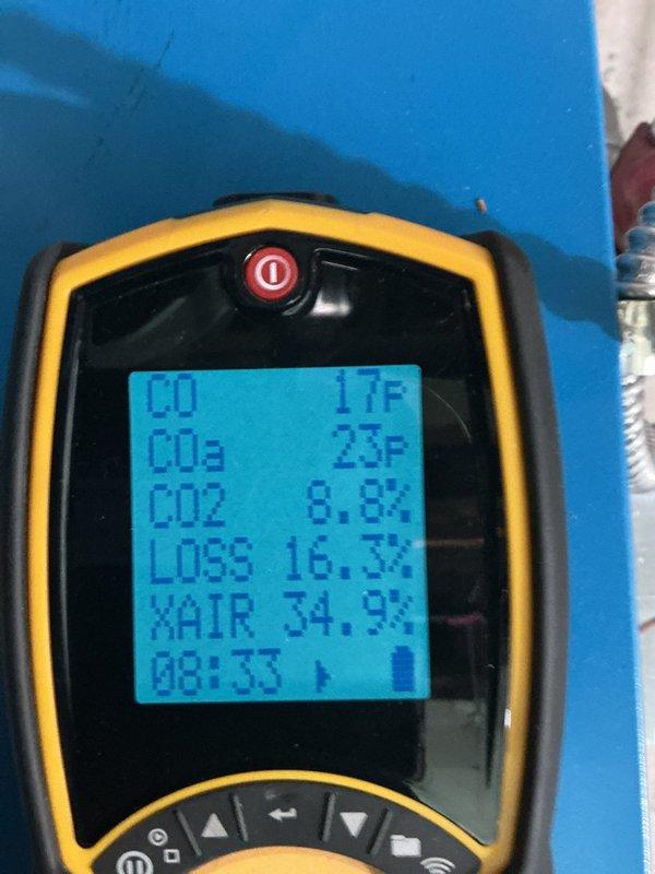 Performed comprehensive maintenance and repair on boiler system. Thoroughly brushed and cleaned all accessible components, resealed boiler to ensure proper containment and prevent leaks, and conducted complete combustion analysis testing. Post-service combustion readings confirmed optimal performance with CO levels at 17 ppm, CO2 at 8.8%, efficiency loss at 16.3%, and excess air at 34.9%, verifying safe and efficient operation of the heating system.