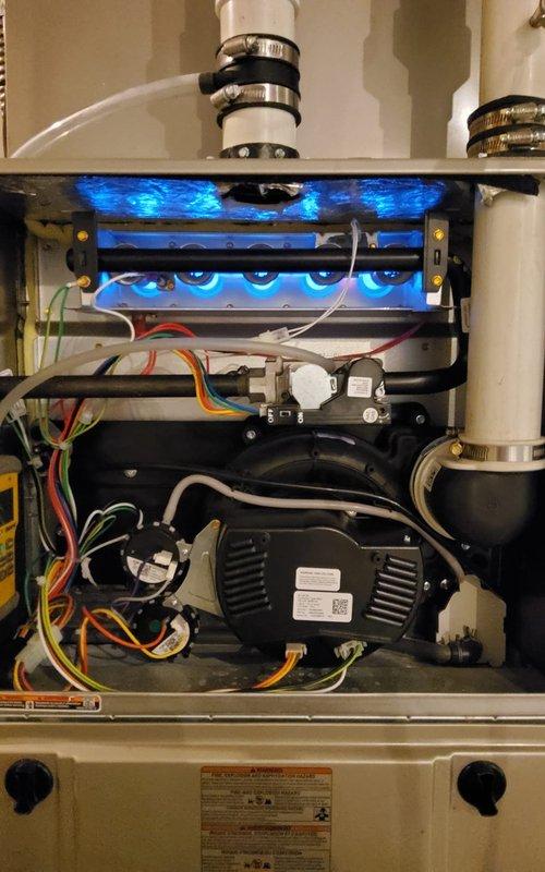 Completed comprehensive fall furnace inspection and tune-up on a 2-year-old Bryant heating system. Performed full system diagnostic, verified proper burner operation with clean blue flame combustion, inspected all electrical connections and wiring, tested blower motor assembly, and confirmed proper venting through PVC intake and exhaust pipes. All components operating within manufacturer specifications with no deficiencies noted.