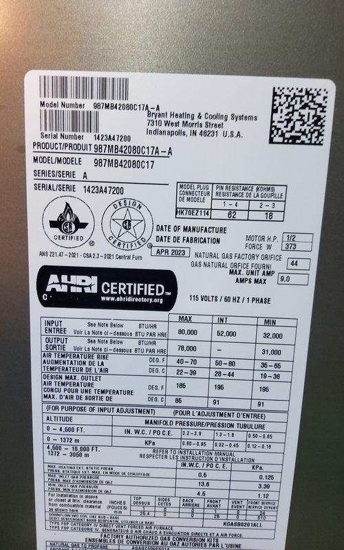 Completed comprehensive fall tune-up on residential forced-air furnace system manufactured in April 2023. Performed standard preventive maintenance protocol including visual inspection of all accessible components, verification of proper combustion and venting through white PVC condensate lines, electrical system testing at 115V/60Hz/1-phase specifications, and confirmation of operational parameters within manufacturer specifications per AHRI certification requirements. All equipment found operating within normal parameters with no deficiencies noted; system ready for heating season under active membership maintenance agreement.