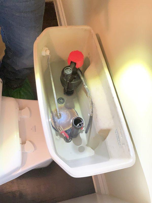 Completed complimentary plumbing inspection of residential toilet system. Removed tank lid to assess internal flush mechanisms and water quality. Documented discolored water in tank showing brownish rust-colored tint, indicating mineral buildup or sediment accumulation in water supply or internal components. Inspected fill valve assembly with float mechanism, flush valve, flapper assembly, and chain connections. All mechanical components appeared functional with proper connections intact. Water discoloration noted as primary concern requiring potential flush valve replacement or system flushing to address sediment issues.