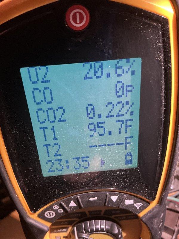 Performed annual maintenance on 20-year-old boiler system. Conducted combustion analysis using digital analyzer, confirming CO levels at 0.22% and O2 at 20.64% with flue temperature reading of 95.7°F. Inspected and verified proper operation of soffit ventilation system to ensure adequate combustion air supply for continued safe boiler operation.