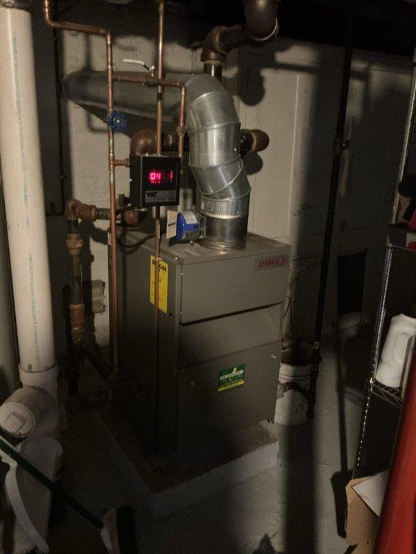 Completed comprehensive boiler maintenance on residential heating system, performing combustion analysis which revealed CO levels at 5 ppm, O2 at 6%, efficiency at 8.6%, CO2 at 17.5%, with 37.5% heat loss and 51% excess air. Inspected Lennox furnace unit, copper piping network, venting system, and all associated components including shut-off valves and condensate drainage. Coordinated with scheduling for separate hot water tank service to be performed under independent work order.