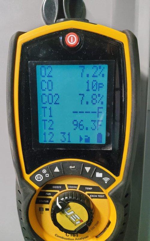 Completed fall preventative maintenance and tune-up on 8-year-old residential furnace system. Performed comprehensive system inspection, combustion analysis showing oxygen levels at 7.24%, carbon monoxide at 10 PPM, and carbon dioxide at 7.8% with stack temperature of 96.3°F, confirming safe and efficient operation. All system components checked and found operating within manufacturer specifications, unit ready for heating season.