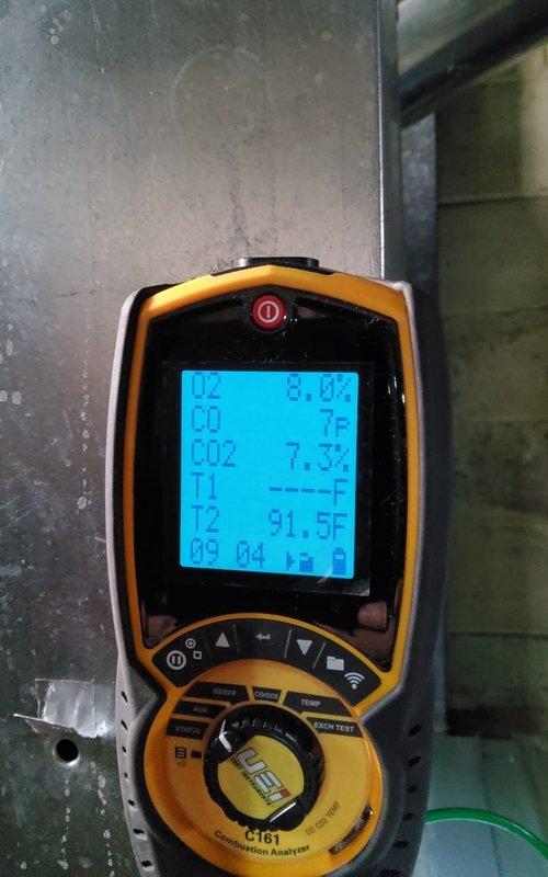 Completed comprehensive tune-up and safety inspection on 12-year-old gas furnace in basement mechanical room. Performed combustion analysis using digital analyzer, verifying oxygen levels, carbon monoxide, carbon dioxide, and temperature differentials all within manufacturer specifications at 91.5°F. All system components inspected, unit operating efficiently with proper airflow through ductwork and no safety concerns identified.