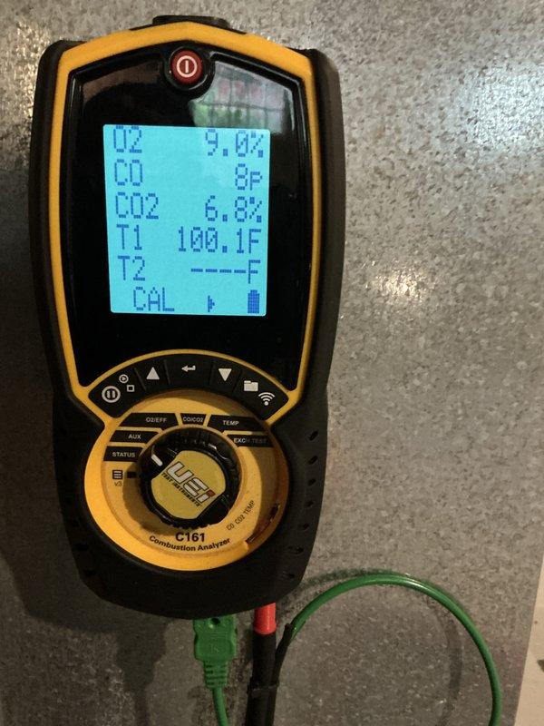 Performed comprehensive heating system tune-up on four-year-old furnace located in utility closet. Conducted combustion analysis using digital analyzer, confirming oxygen levels at 9.0%, CO2 at 6.8%, with no carbon monoxide detected and stack temperature reading 100.1°F. Inspected blower wheel assembly, verifying clean condition of blades and proper operation with no visible wear or contamination. All system components operating within manufacturer specifications and ready for winter heating season.