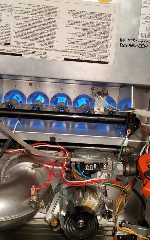 Completed annual maintenance and tune-up on a 4-year-old residential gas furnace located in basement utility closet. Performed comprehensive system inspection including burner operation verification, blower motor assessment, heat exchanger examination, and electrical connection testing. All components found operating within normal parameters with blue burner flames indicating proper combustion, ECM inducer blower functioning correctly, and control board displaying normal status readings.