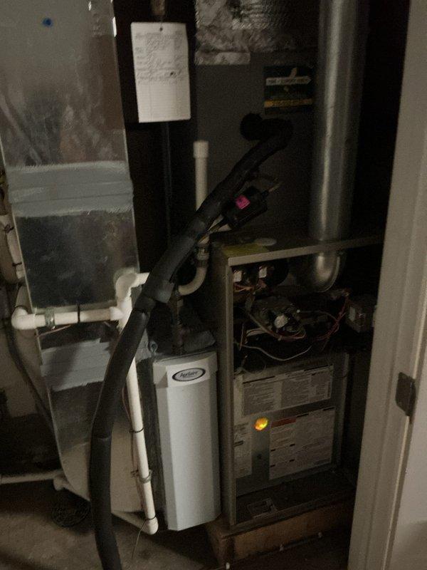 Completed comprehensive maintenance inspection on 20-year-old gas-powered furnace system. Performed standard heating season preventive maintenance including visual inspection of all components, burner assembly examination, heat exchanger inspection, blower motor operation check, and verification of proper venting. Inspected associated equipment including humidifier unit and filtration system, confirmed all electrical connections secure, and verified proper drainage through PVC condensate lines. System operational and ready for heating season.