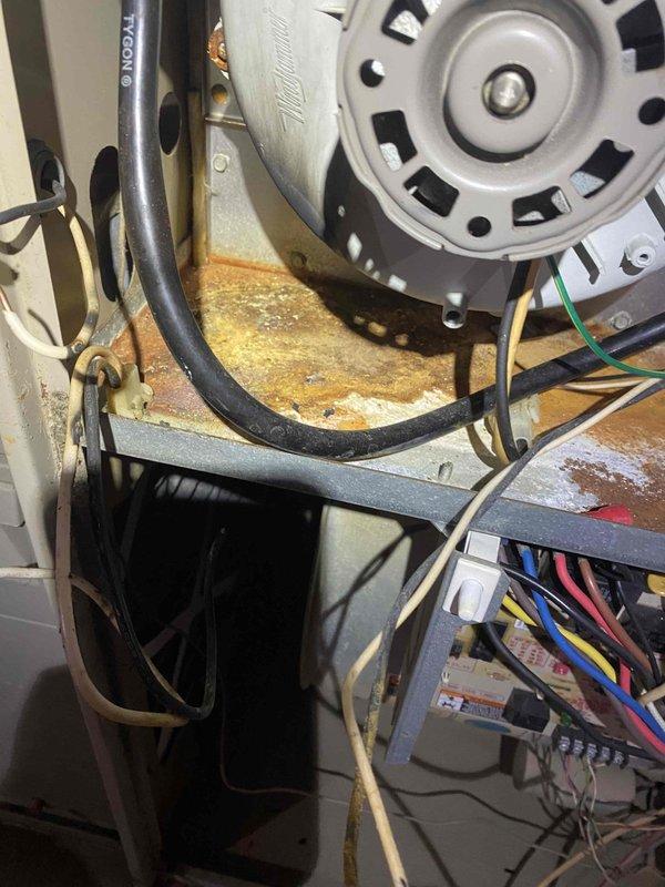 Responded to service call for AC system not operating properly. Upon arrival, performed comprehensive system inspection of outdoor condensing unit and indoor air handler components. Evaluated blower motor assembly, electrical connections, and ductwork connections. Inspected condensate drainage system and verified proper installation of drain lines. Examined evaporator coil assembly and copper refrigerant lines for visible damage or deterioration. Assessed overall system condition, noting age-related wear on components including blower motor housing and mounting platform. Checked all electrical wiring connections for security and proper routing. Documented system configuration with photographs for service records. System components showed normal operational wear consistent with extended use. All accessible mechanical and electrical connections were visually inspected and found secure.