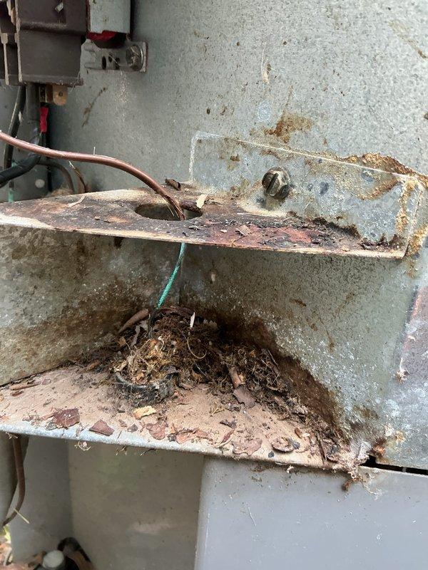 Responded to follow-up service call for non-operational air conditioning system after previous utility power issue. Upon arrival, discovered severely corroded electrical disconnect box with extensive rust damage and deterioration to mounting components and wiring connections. Found substantial debris accumulation including nest material and organic matter around electrical components, creating potential safety hazard and contributing to equipment failure. Replaced damaged disconnect box and corroded electrical components, cleaned all debris from area, verified proper voltage supply at 240V, and restored power to outdoor condensing unit. System tested and confirmed operational with normal amperage draw and proper cooling cycle.
