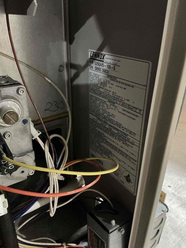 Conducted furnace replacement estimate for 27-year-old Lennox G20Q4-8 gas furnace system. Documented existing equipment condition, ductwork configuration, and mechanical components including gas valve assembly, electrical wiring, and control systems. Followed up on previous quote provided to homeowner, took comprehensive photographs of unit interior and basement ductwork layout for replacement proposal preparation.