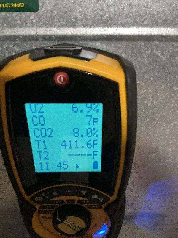 Performed comprehensive annual maintenance on a 20+ year old gas furnace system. Conducted complete combustion analysis using diagnostic equipment, verifying optimal performance with oxygen levels at 6.2%, carbon monoxide at 7 ppm, carbon dioxide at 8.0%, and flue temperature at 411.6°F. Inspected all system components including gas piping, PVC condensate drain lines, electrical connections, and ventilation grilles, confirming all equipment operating safely within manufacturer specifications.