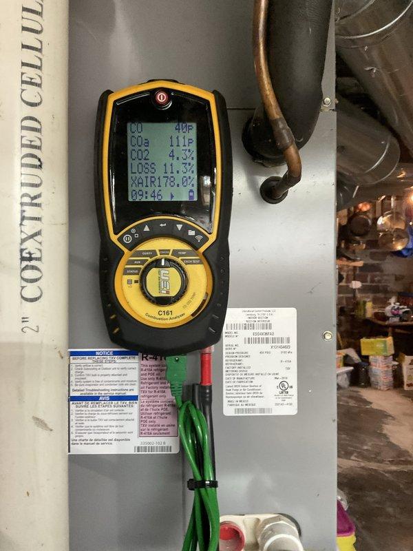 Completed comprehensive furnace tune-up and replaced failed condensate pump. Performed combustion analysis using digital analyzer, confirming optimal efficiency with CO2 levels at 4.3% and excess air readings within manufacturer specifications. System now operating safely with proper condensate drainage restored.