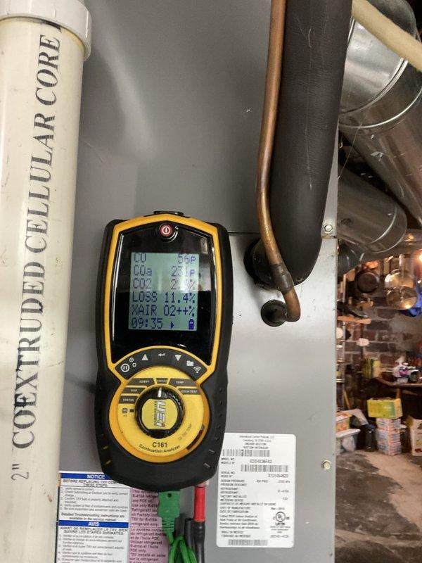 Completed comprehensive furnace tune-up and replaced failed condensate pump. Performed combustion analysis using digital analyzer, confirming optimal efficiency with CO2 levels at 4.3% and excess air readings within manufacturer specifications. System now operating safely with proper condensate drainage restored.