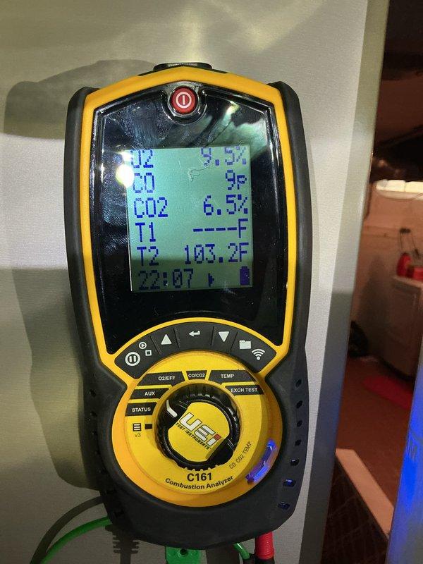 Completed comprehensive furnace tune-up on 15-year-old heating system. Performed combustion analysis using digital analyzer, measuring oxygen levels at 9%, CO2 at 6.5%, and stack temperature at 103.2°F, confirming proper combustion efficiency and safe operation. Inspected air handler unit, ductwork connections, and condensate drainage system with all components functioning within normal parameters.