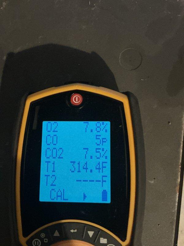 Responded to no-heat call where tenants were unable to operate boiler system with landlord unavailable. Provided instruction on proper boiler startup procedures and verified system operation. Performed combustion analysis confirming acceptable readings with oxygen at 7.8%, CO2 at 7.5%, and stack temperature at 314.4°F, indicating efficient burner performance. Inspected heat exchanger tubes and internal components, finding system in proper working order with no safety concerns.