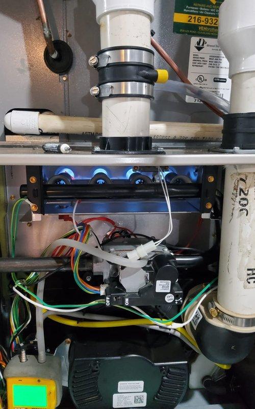 Performed comprehensive annual maintenance on a 3-year-old furnace system located in the basement. Conducted complete system inspection and tune-up procedures including combustion analysis using digital analyzer, which confirmed optimal operating parameters with proper O2, CO, and CO2 levels. Verified temperature differentials across heat exchanger were within manufacturer specifications. Inspected all internal components including burner assembly, ignition system, blower motor, and flame sensor. Checked all electrical connections and control wiring for proper termination and condition. Examined condensate drain system and PVC venting for proper operation and clearances. System is operating efficiently with no deficiencies noted. All safety controls tested and functioning properly.
